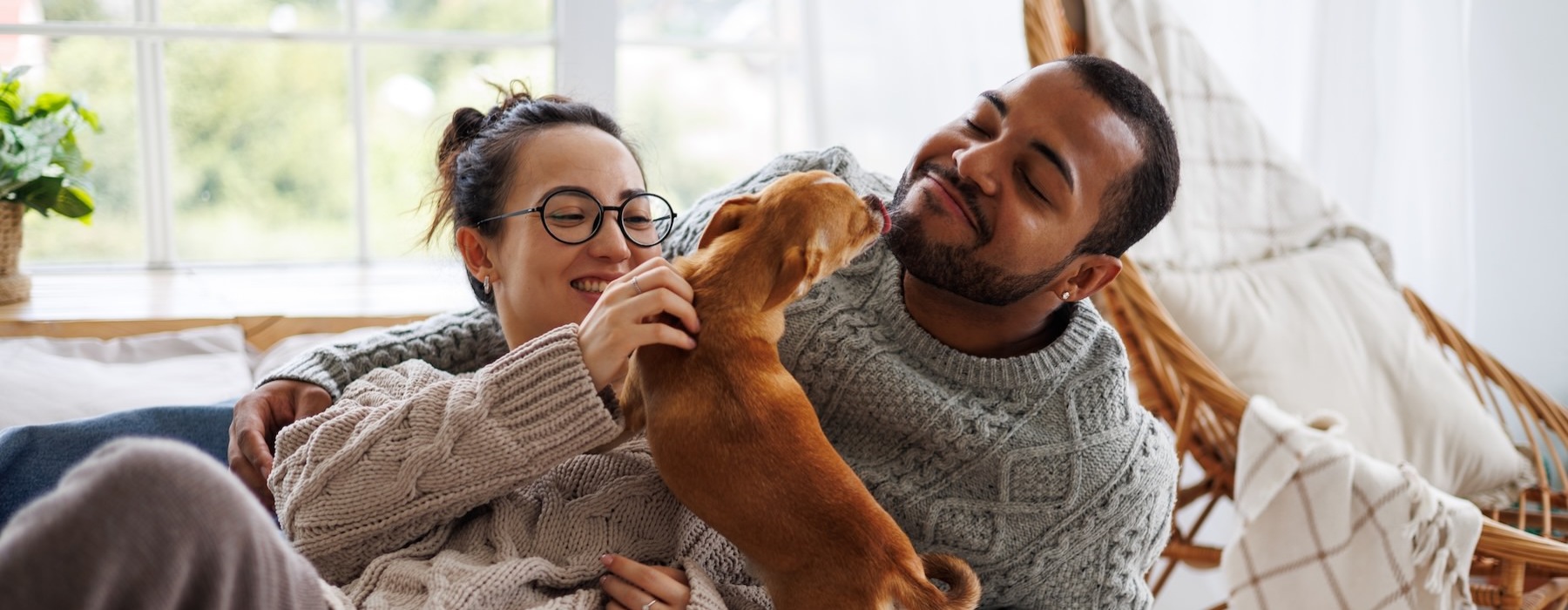 a man and woman lying on a couch with a dog