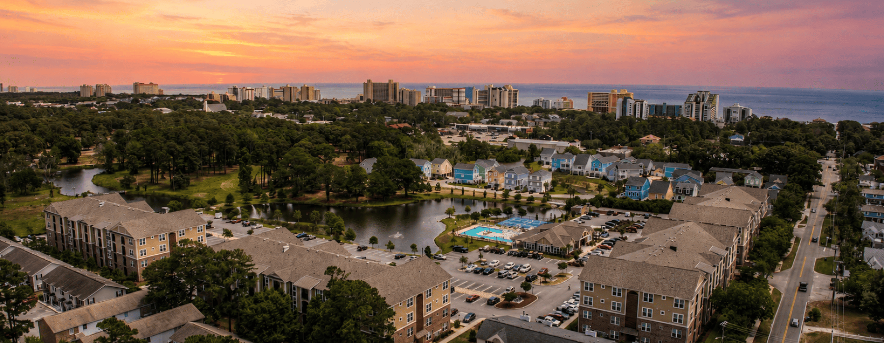 Aerial photo of the Myrtle Beach coastline near apartments in Carolina Forest, SC at SeaPath on 67th.
